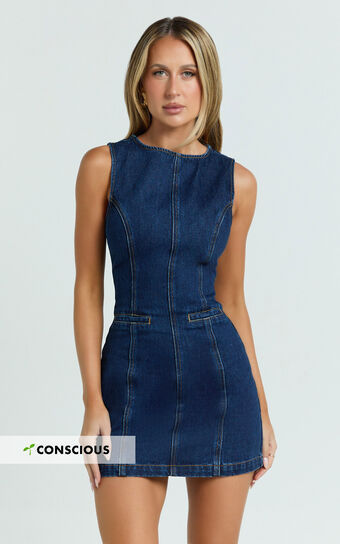 Olenna Mini Dress - High Neck Fitted Denim Dress in Indigo Wash | Showpo (US, UK & Europe)