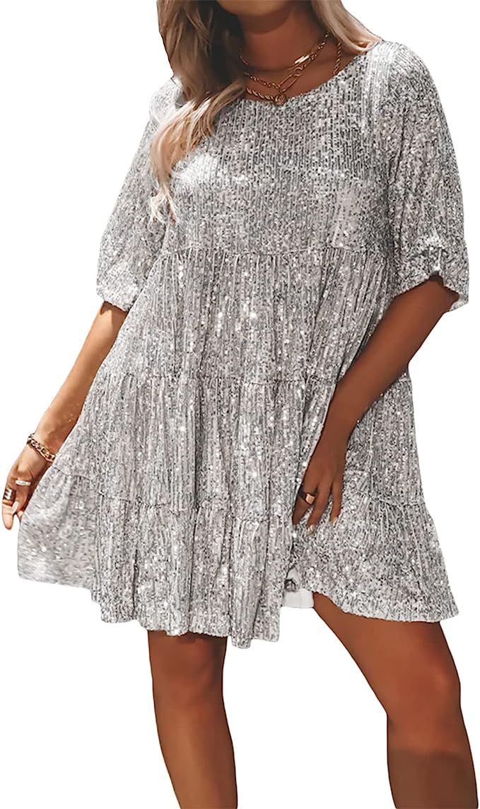 Doisbetthsay Women Sequin Sparkly Mini Dress Crew Neck Short Sleeves Loose 2023 Glitter Concert P... | Amazon (US)