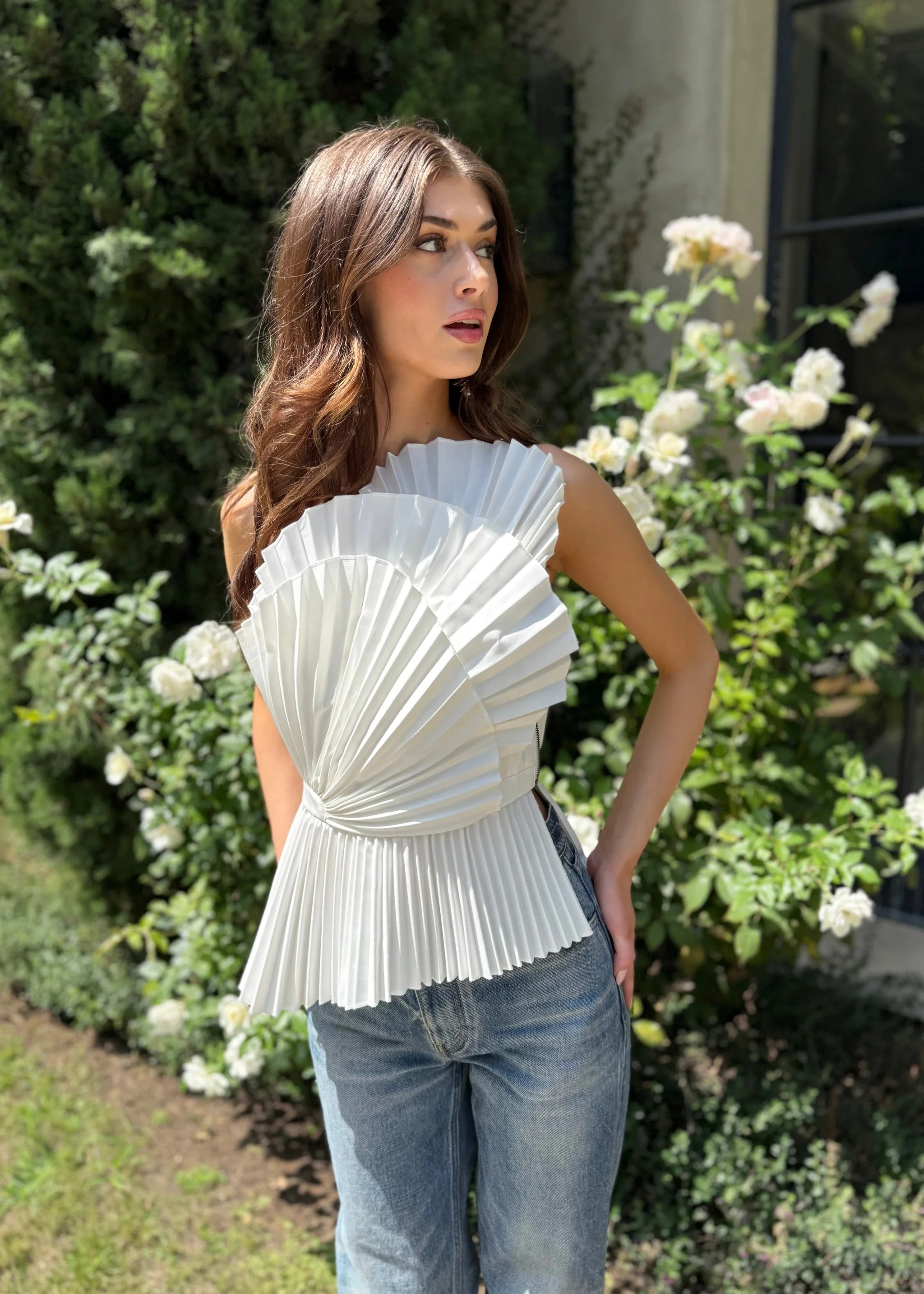 Marcia Asymmetric Pleated Peplum Accent Top - White | Benaar La