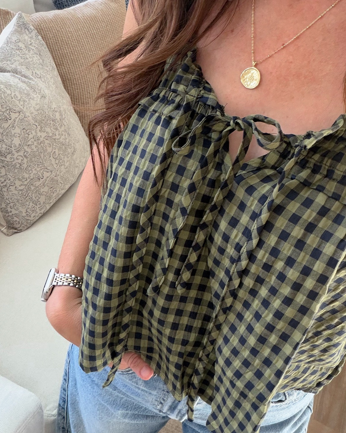 Still obsessing over these Amazon tops! I have it in the blue gingham and the green and navy gingham. So so good for transitioning from summer to fall and it’s super affordable too! 

Also loving these new suede clogs, the shape is so good and the color is perfect. I’ll be wearing these all fall through winter.
 Sizing: wearing a small on the top 25 regular in the denim and I did size up a half size in the clog. 

Amazon fashion, jeans, addendum, Levi’s, Jeffrey, Campbell, suede, clog, slide, fall, fashion, mom, fashion, OOTD, necklace, bracelet ￼

#LTKootd #LTKSeasonal #LTKmomlife