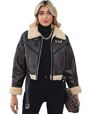 Winter Women Faux Lamb Fur Leather Short Jacket Lapel Zipper Bomber Aviator Coat | Amazon (US)