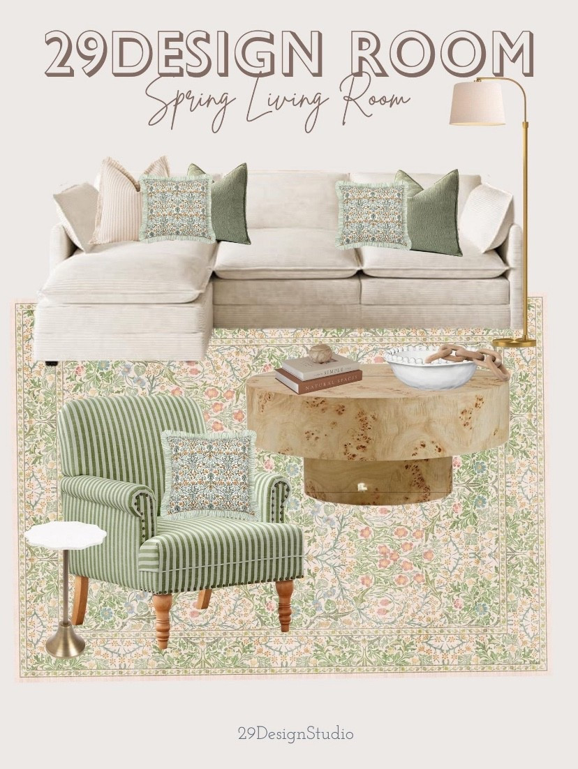 Spring Living room
Green living room 
Light and airy living room
Striped chair
Floral decor
Floral rug
Burl wood coffee table 
Light green living room 


#LTKHome