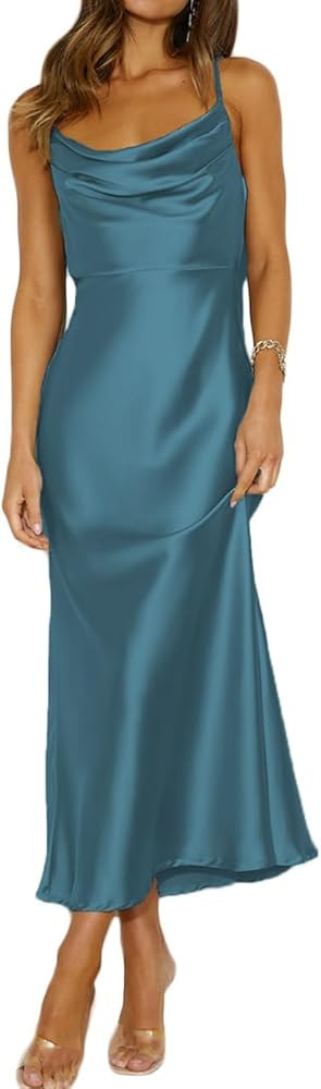 Summer Satin Spaghetti Strap Cowl Neck Backless Midi Dresses for Women Elegant Tie Low Back Ruche... | Amazon (US)