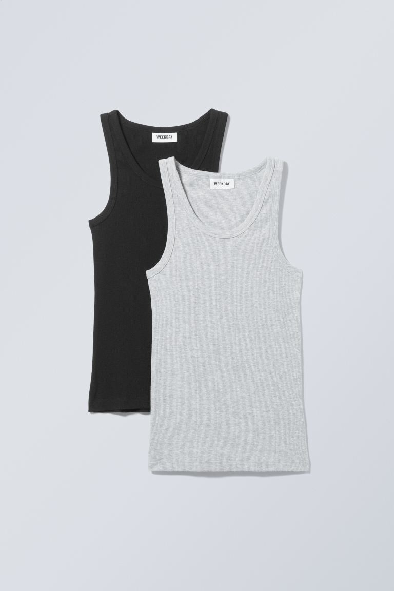 2-pack Close Fitted Rib Tank Top - Black Grey - Ladies | H&M GB | H&M (UK, MY, IN, SG, PH, TW, HK)
