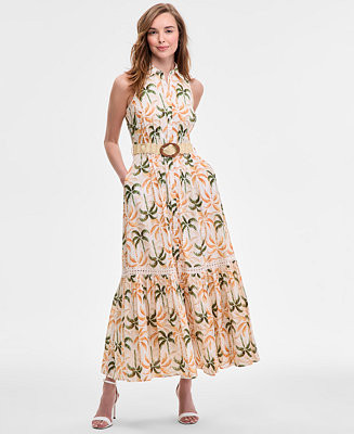Women's Printed Taffeta-Belt Sleeveless Dress | Macy's