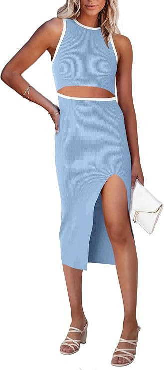 PRETTYGARDEN Women's Summer Midi Bodycon Dresses Casual Crew Neck Side Slit Sleeveless Knit Cut O... | Amazon (US)