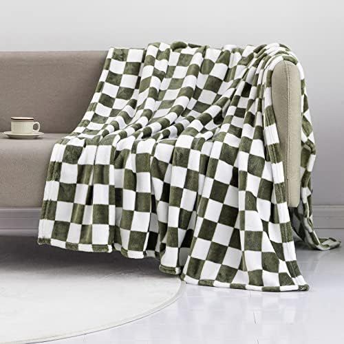 LOMAO Throw Blankets Flannel Blanket with Checkerboard Grid Pattern Soft Throw Blanket for Couch, Be | Amazon (US)