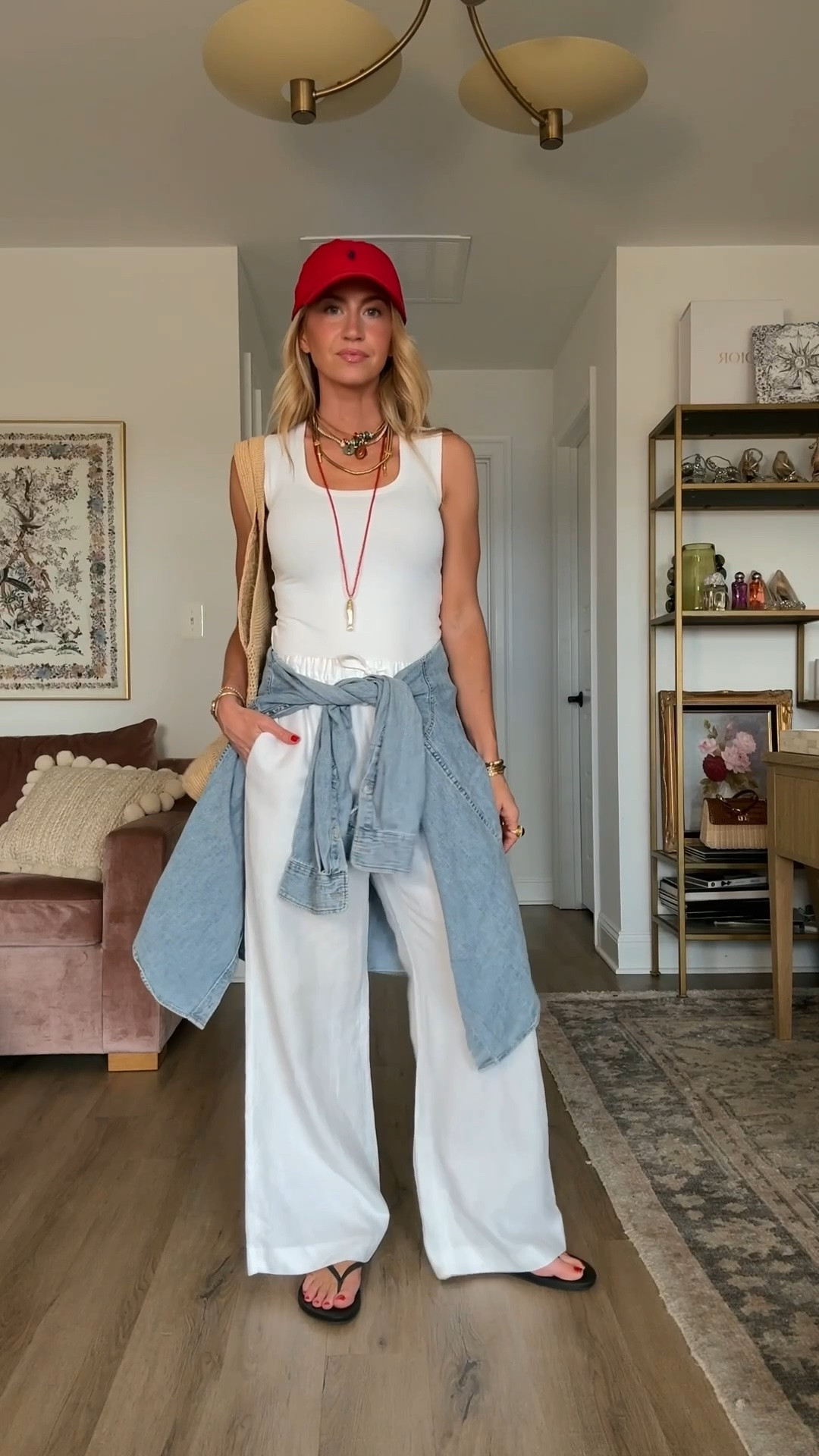 Picky Girl white tank: runs TTS, wearing XS long length. 

White linen lodge pants: ON SALE, TTS, wearing 

Black flip flops: run small, size up

Denim shirt: ON SALE, Wearing S, runs oversized.

#LTKootd #LTKSaleAlert #LTKgrwm