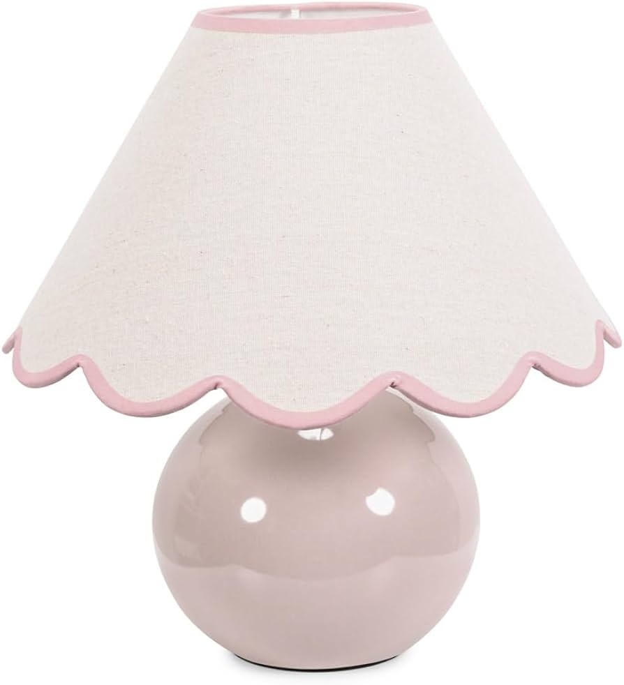 ValueLights | Stone Natural Ceramic Table Lamp with Pink Trim Scallop Lampshade Living Room Bedsi... | Amazon (UK)