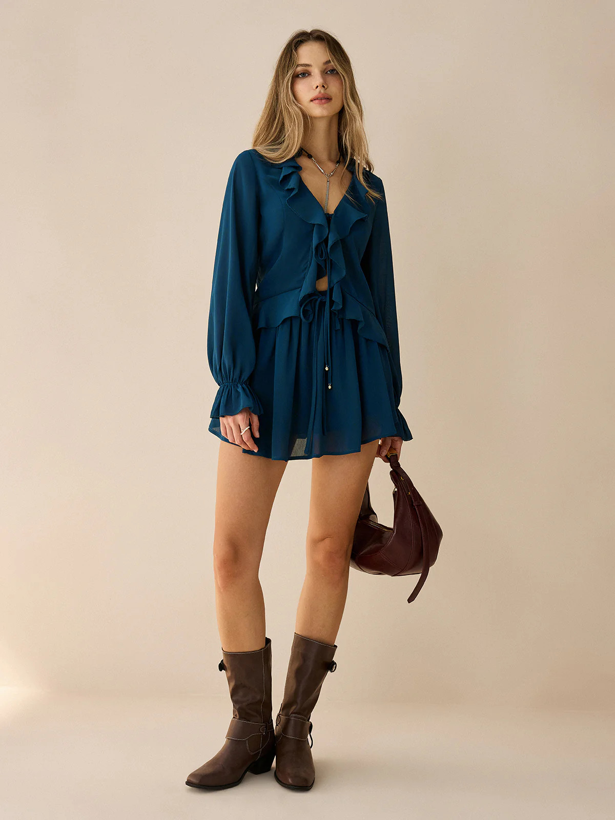 Chiffon Ruffled Long-Sleeve Top and Shorts Set | Commense