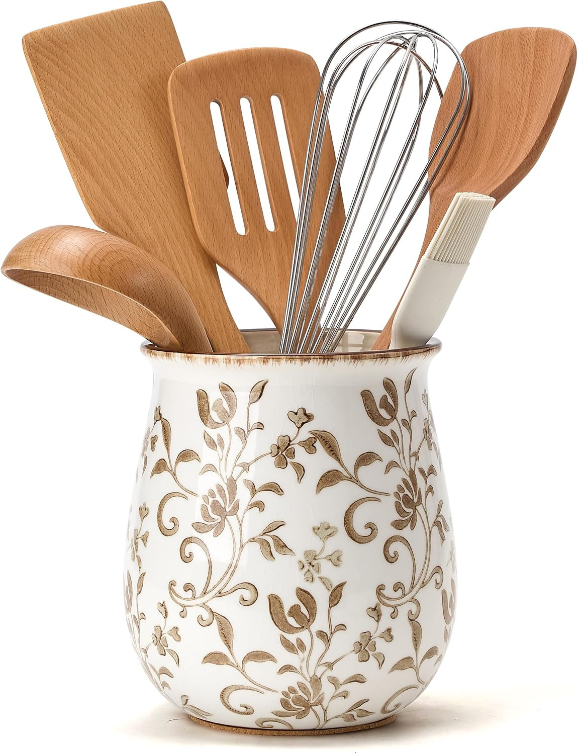 Utensil Holder for Kitchen Counter, Modern Farmhouse Cooking Utensil Holder and Crock Home Kitchen Decor, Ceramic Utensil Organizer for Spatula, Ladle, Eggbeater, Rolling Pin- Brown Flower Patterns | Amazon (US)