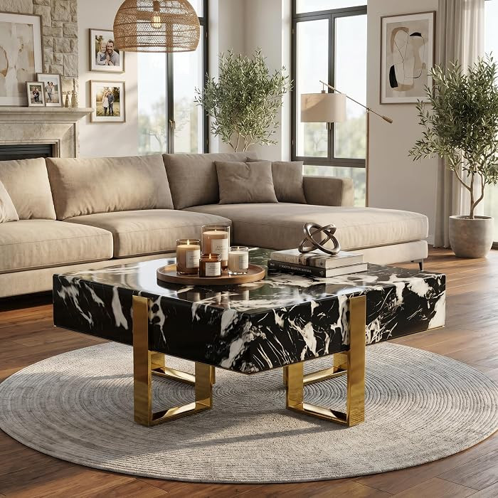 Black and Gold Square Coffee Table, Modern Luxury Faux Marble Center Table with Mirrored U-Shaped... | Amazon (US)
