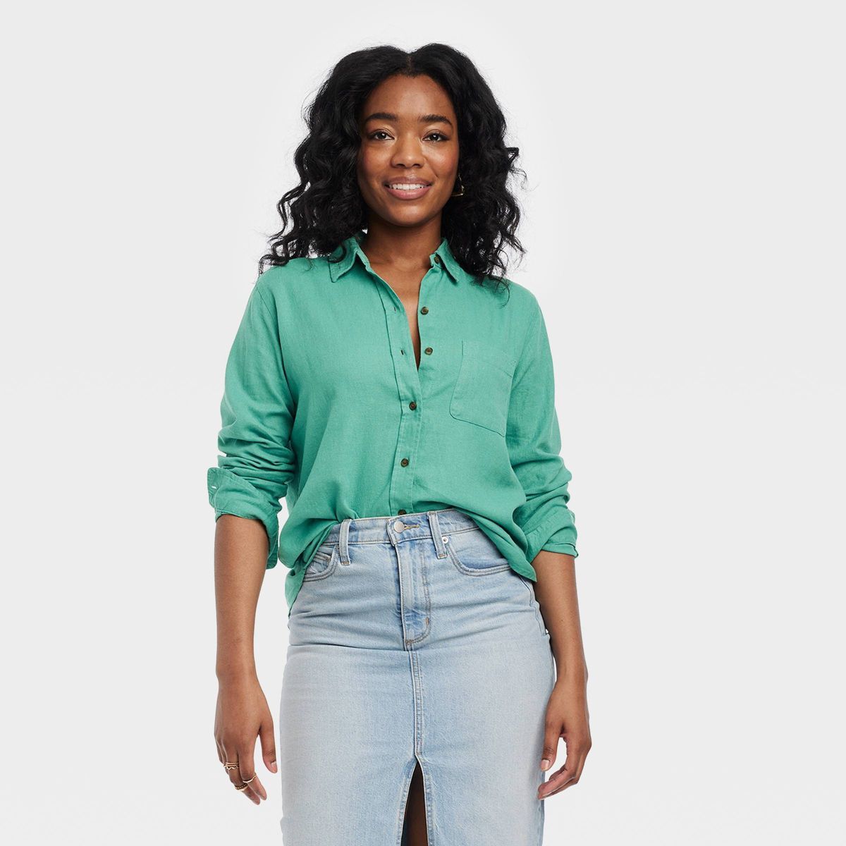 Women's Linen Long Sleeve Collared Button-Down Shirt - Universal Thread™ Green XL | Target