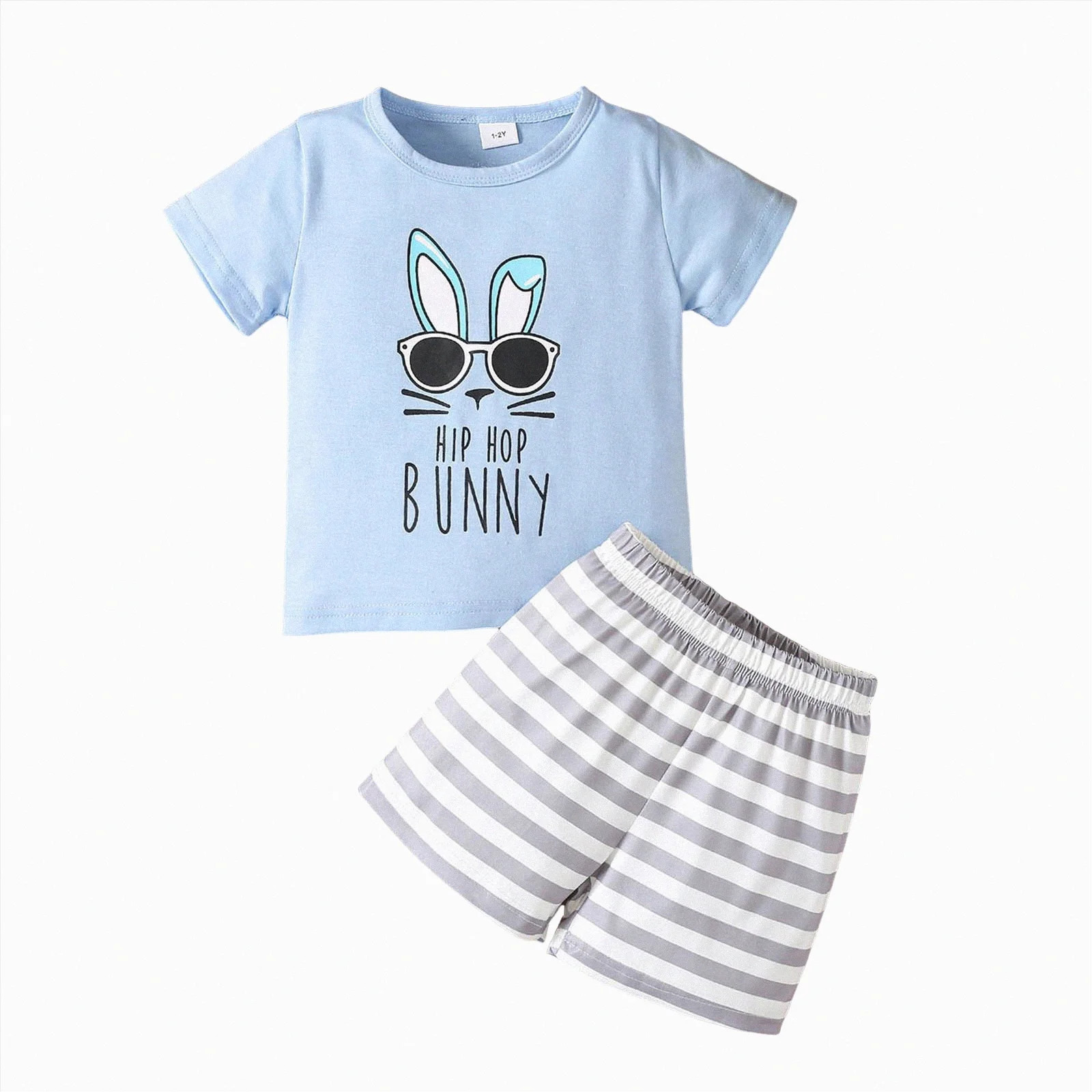 Kids Boys Short Outfit Summer Cute Bunny Print with Elastic Waist Striped Shorts Clothing Sets To... | Walmart (US)