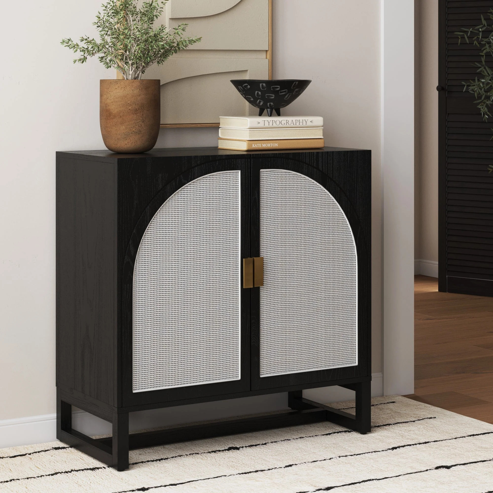 Boho Rattan Arched Door Storage Cabinet Black | Nathan James