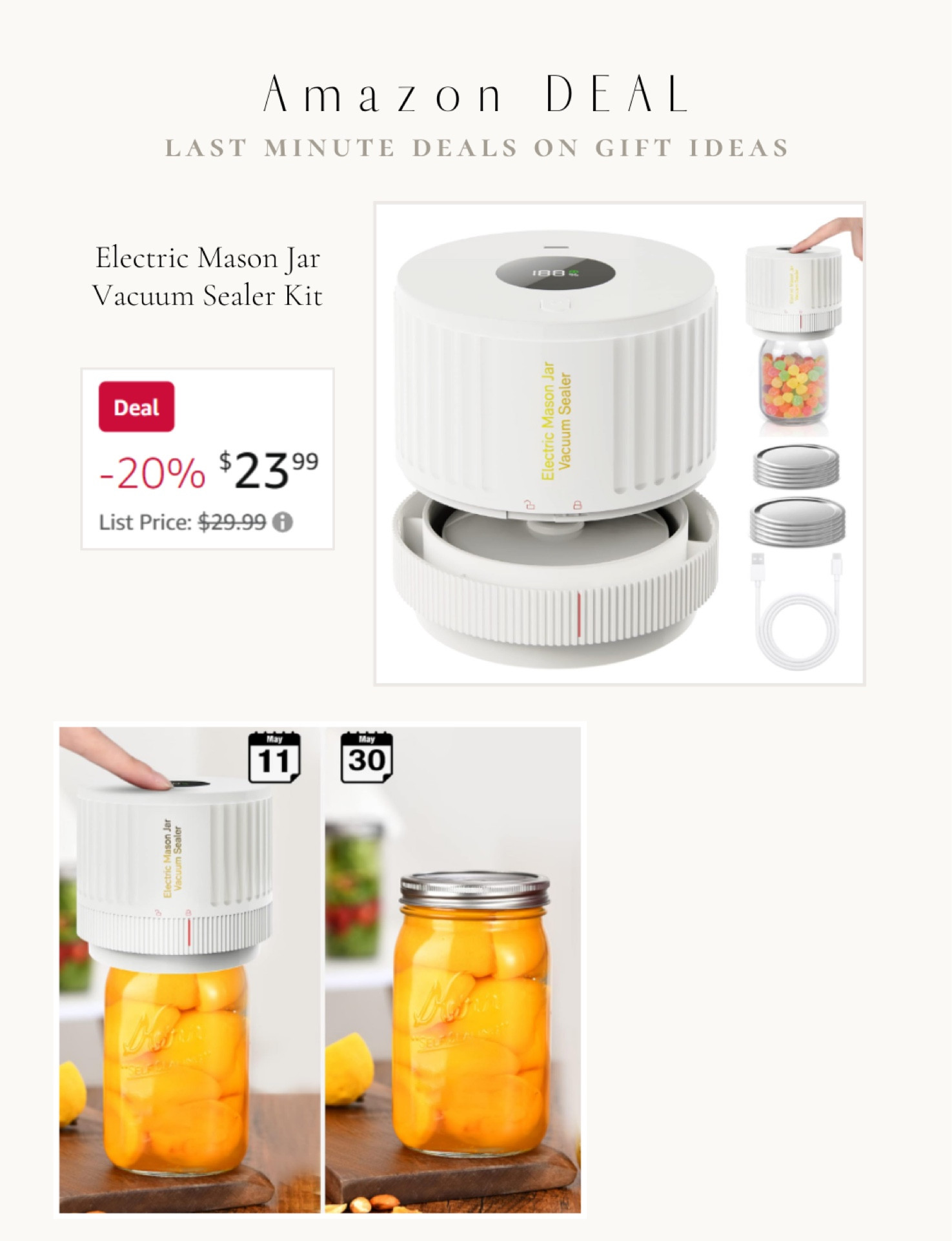 LOVE MOMENT Electric Mason Jar Vacuum Sealer Kit for Wide Mouth and Regular  Mouth Mason Jar - White