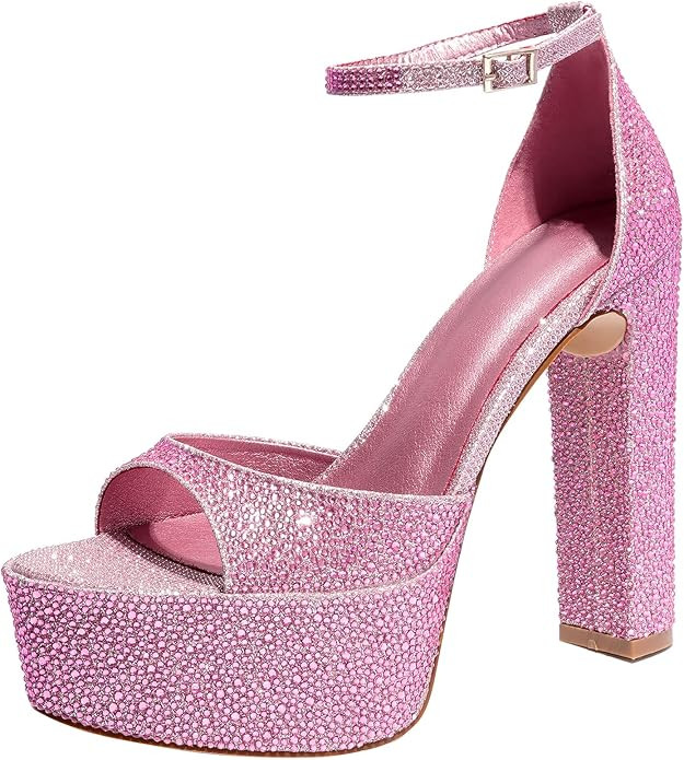 FIFSY Women Rhinestone Platform Chunky High Heels Sandals Open Toe Ankle Strap Pump Shiny Wedding... | Amazon (US)