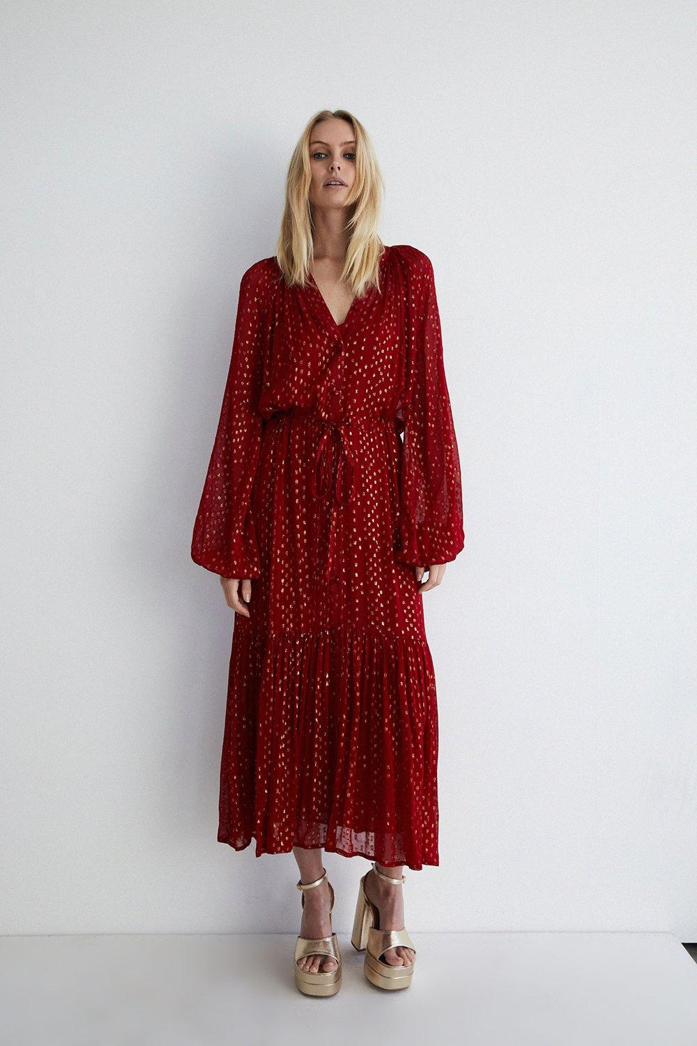 Sparkle Drawstring Waist Button Through Midi | Warehouse UK & IE