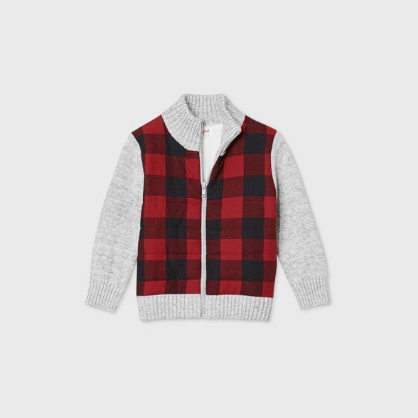 Toddler Boys' Mock Neck Plaid Full Zip Cardigan - Cat & Jack™ Heather Gray | Target