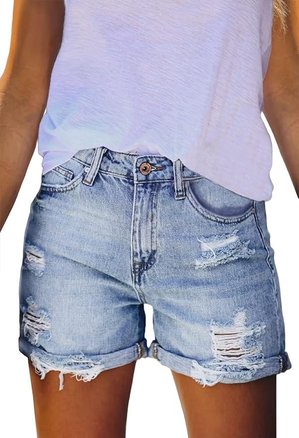 HUUSA Women's Ripped Denim Shorts High Waist Distressed Jean Shorts Casual Rolled Hem Frayed Shor... | Amazon (US)