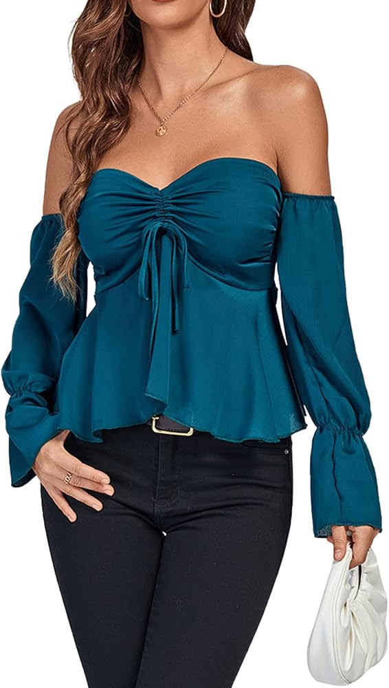 LYANER Women's Off Shoulder Drawstring Pleated Hem Long Sleeve Crop Blouse Shirt Top | Amazon (US)