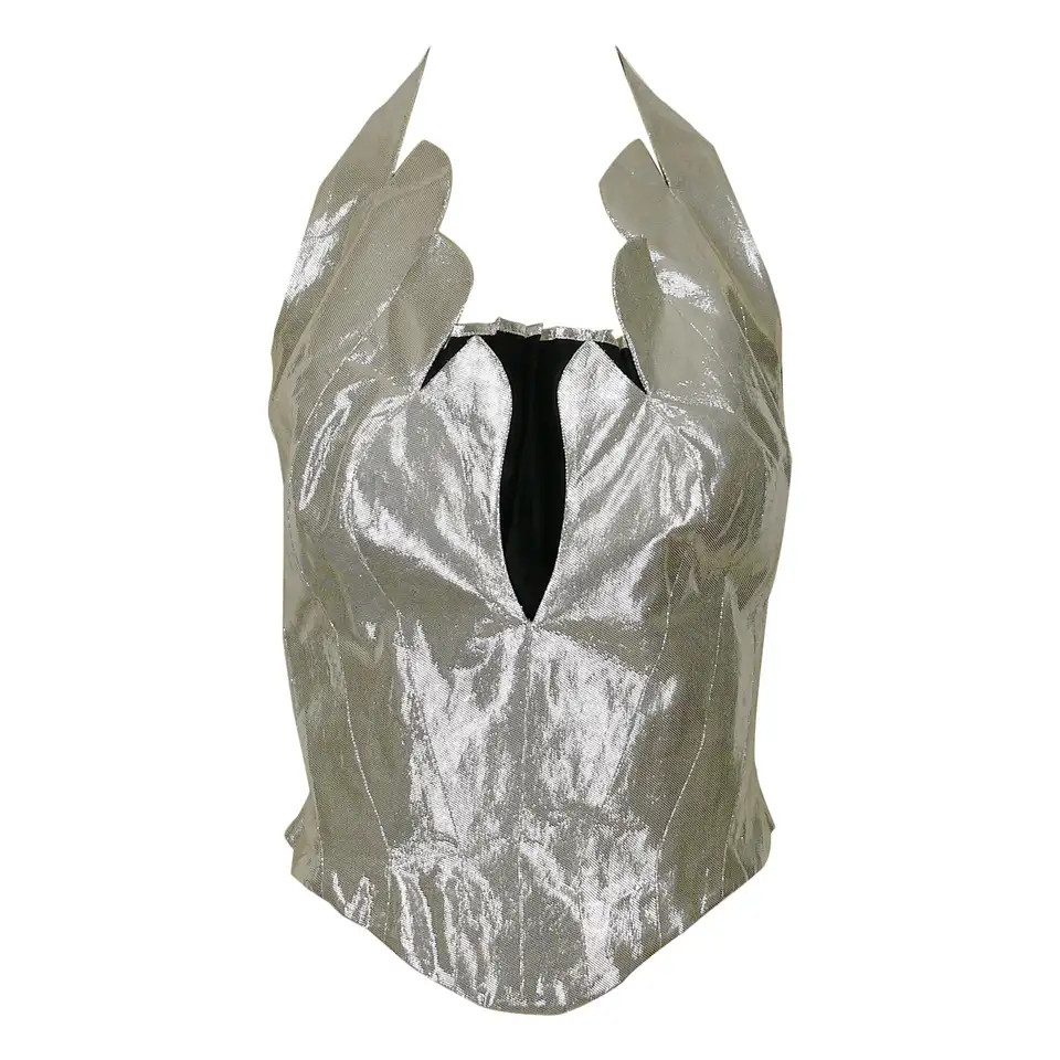 Thierry Mugler Vintage Iconic Silver Lame Halter Bustier Corset | 1stDibs