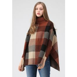 Lie in Check Fields Turtleneck Cape Sweater in Caramel | Chicwish
