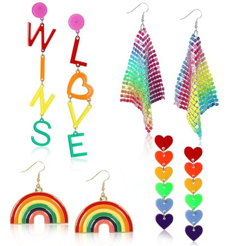 BOARDFEB Rainbow Earrings - Pride Heart Shape Drop Clip Earrings in Mesh, Love Wins - Perfect Party Favor Gift for Women | Amazon (US)