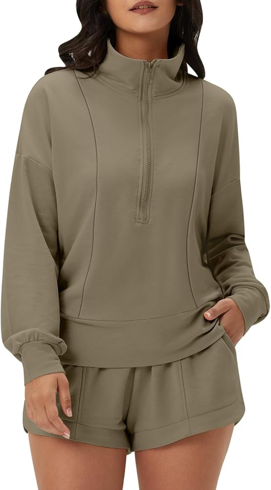 DEEP SELF Women 2 Piece Outfits Sweatshirt Quarter Zip V Neck Long Sleeve Pullover Top Shorts Paj... | Amazon (US)