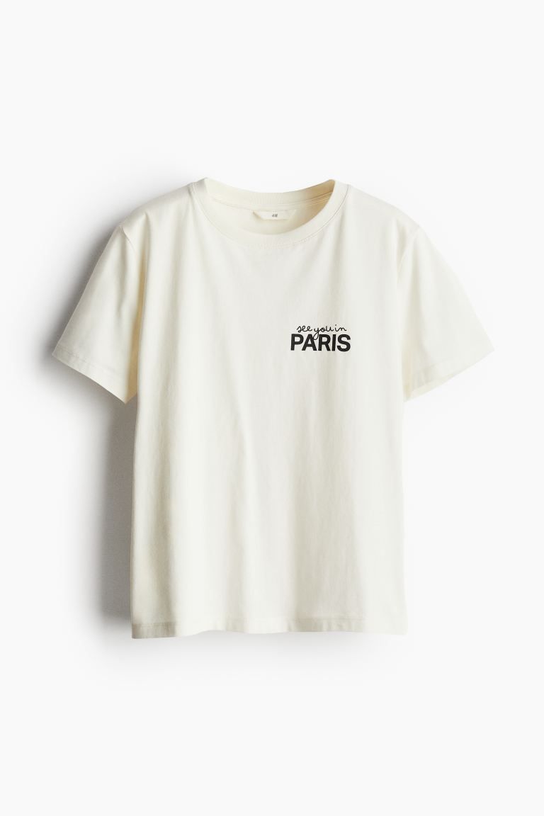 Cotton T-shirt - Round Neck - Short sleeve - Cream/Paris - Ladies | H&M US | H&M (US + CA)