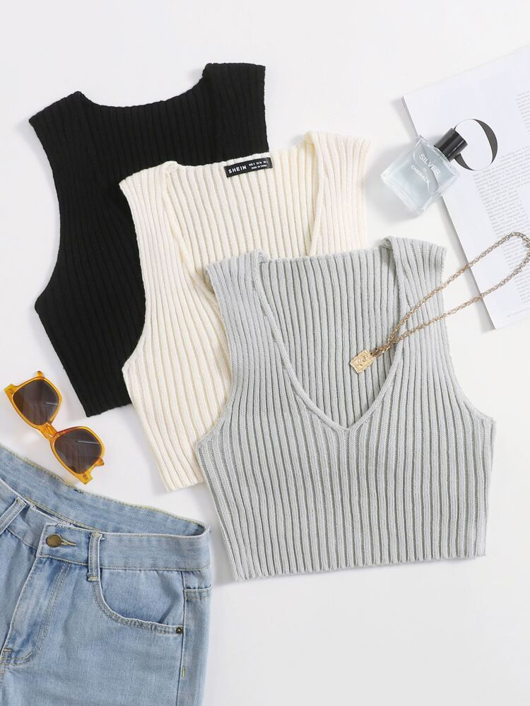 3 Stücke Crop Strick Tank Top mit tiefem Ausschnitt | SHEIN