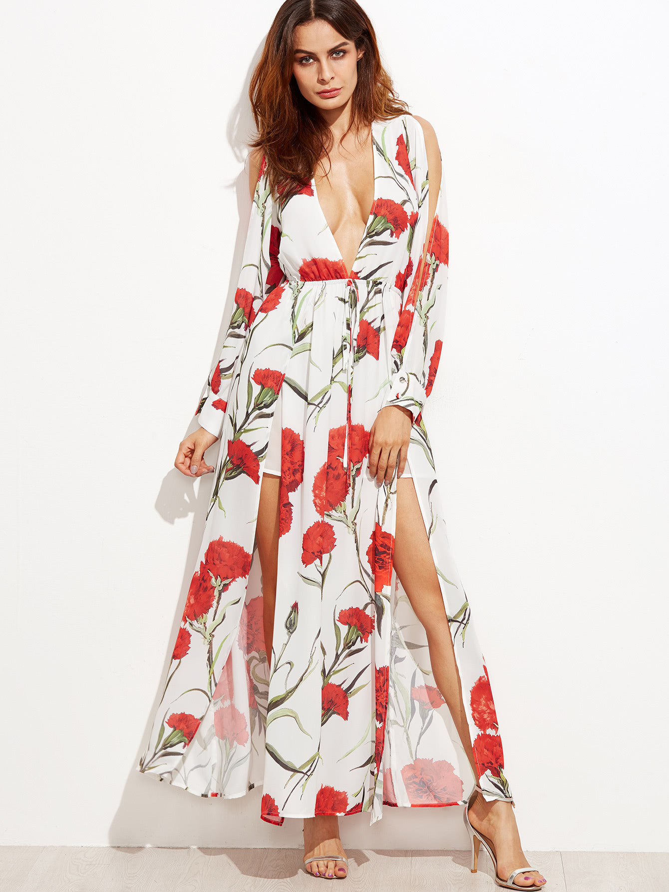 White Flower Print Plunge Neck Split Dress | SHEIN