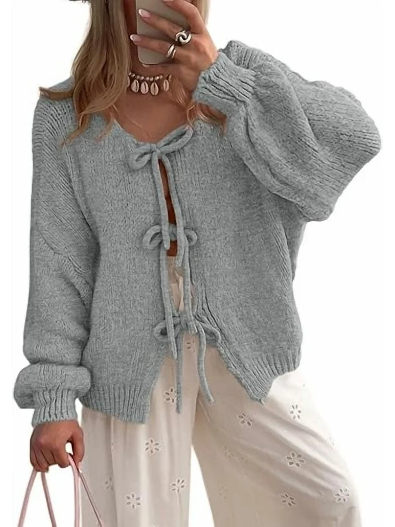 PRETTYGARDEN Women's Tie Front Bow Cardigan Sweaters Chunky Knit Long Puff Sleeve Trendy Fall Win... | Walmart (US)