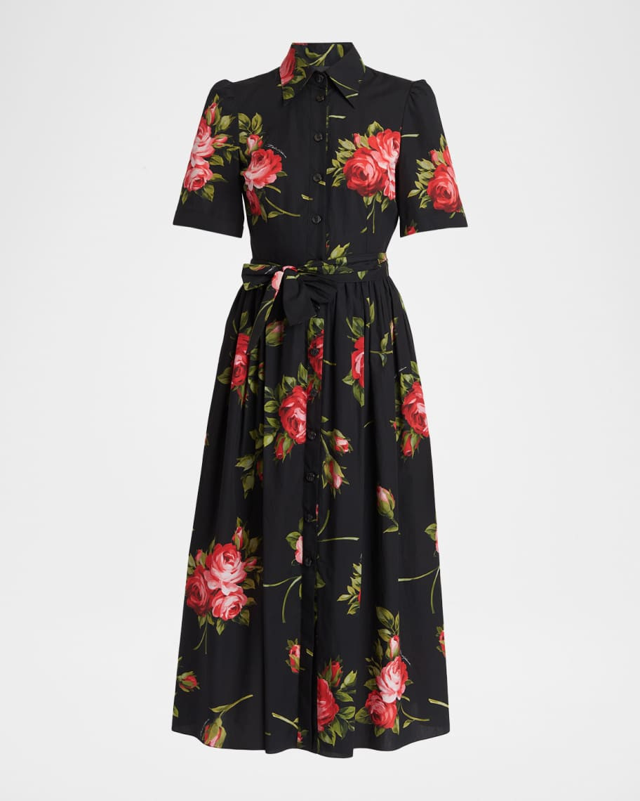 Dolce&Gabbana Floral Poplin Short-Sleeve Belted Midi Shirtdress | Neiman Marcus