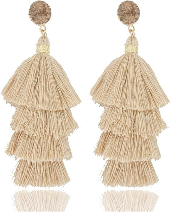 MALOYANVE Layered Tassel Earrings for Women Girls Colorful Bohemian Tree-shaped Tiered Tassel Dru... | Amazon (US)
