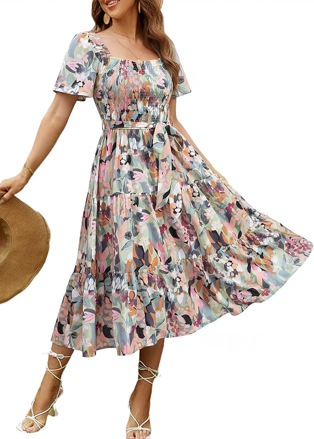 Amegoya Women's Boho Flowy Long Sleeve Square Neck Floral Midi Dress Smocked Spring Fall Wedding ... | Amazon (US)