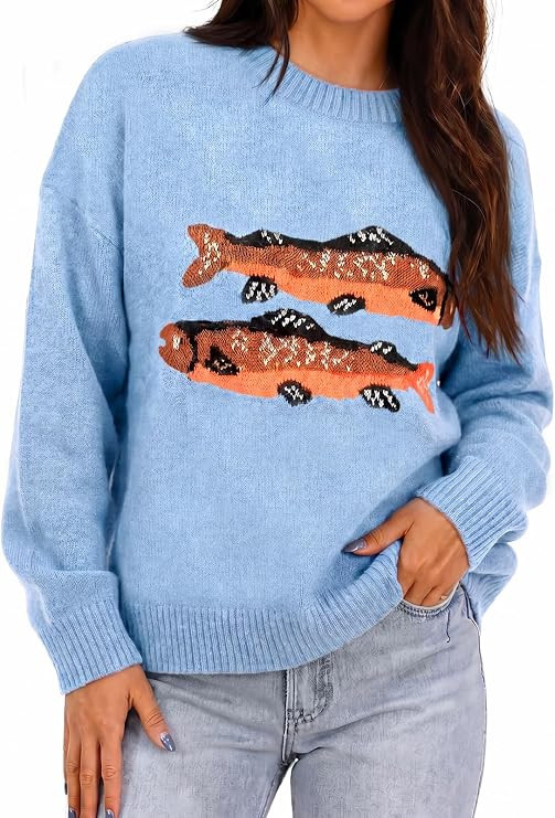 Womens Crew Neck Sweater Animal Graphic Long Sleeve Knit Tops | Casual Trendy, Fall Winter, Ribbe... | Amazon (US)