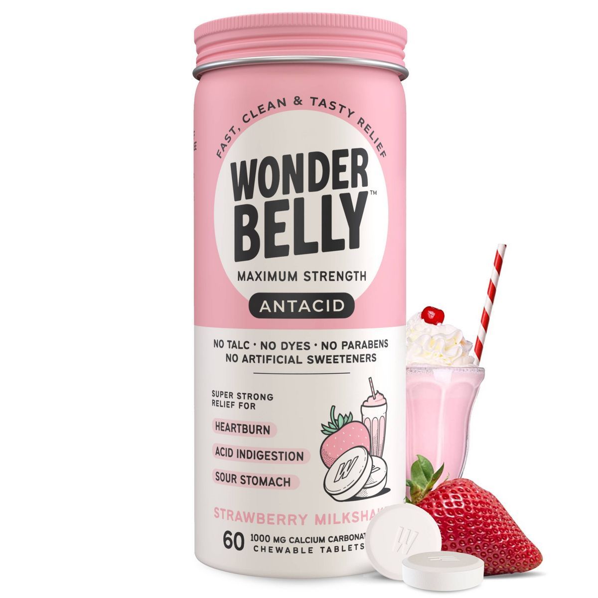 Wonderbelly Antacid 1000mg Chewable Heartburn Relief Tablets - Strawberry Milkshake - 60ct | Target