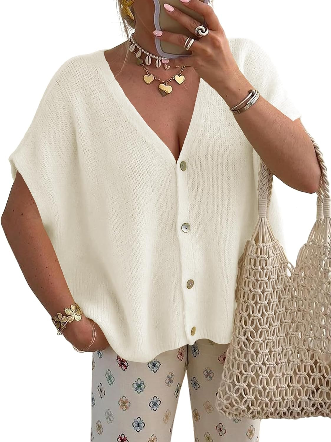 Saodimallsu Womens Fall Short Sleeve Cardigans Sweater Oversized Tops | Amazon (US)