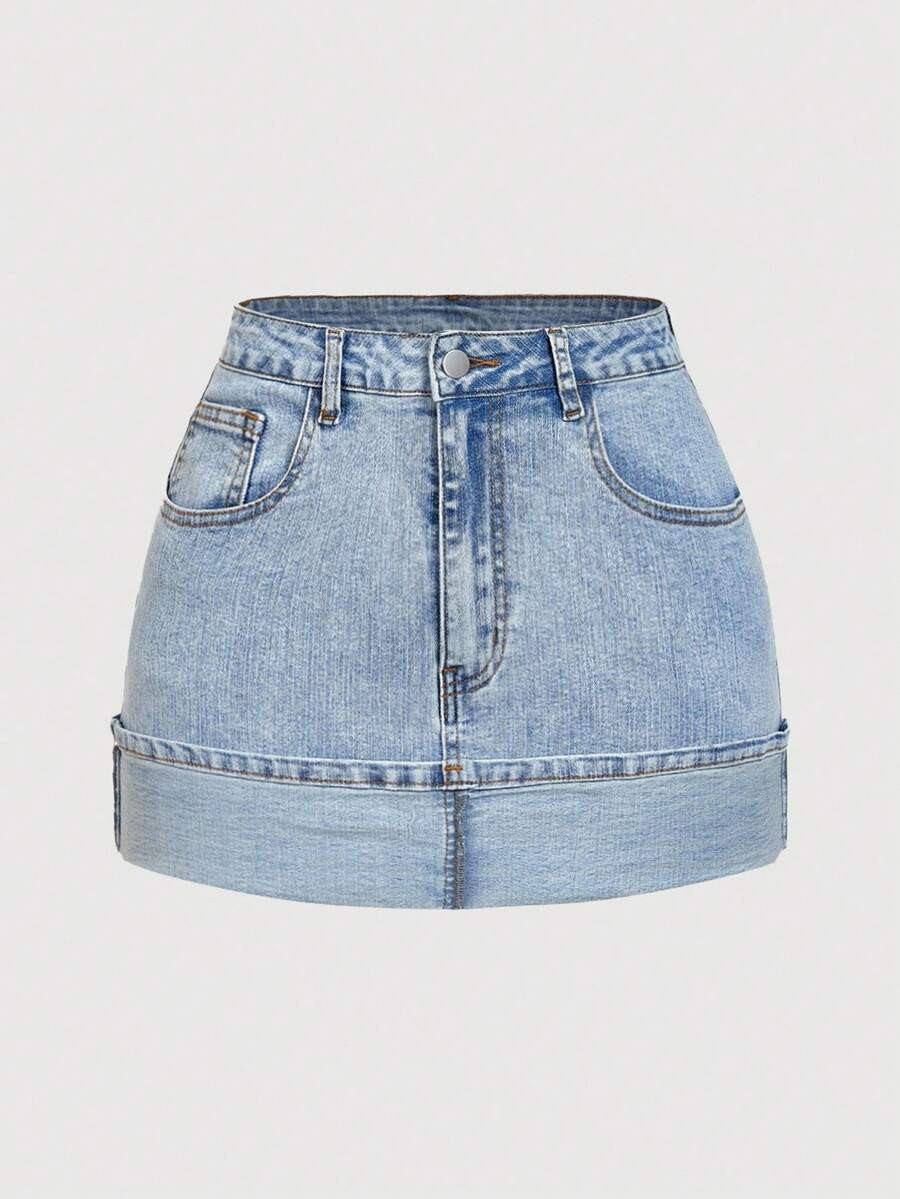 SHEIN MOD Plus Size Casual Washed Fitted Denim Mini Skirt | SHEIN