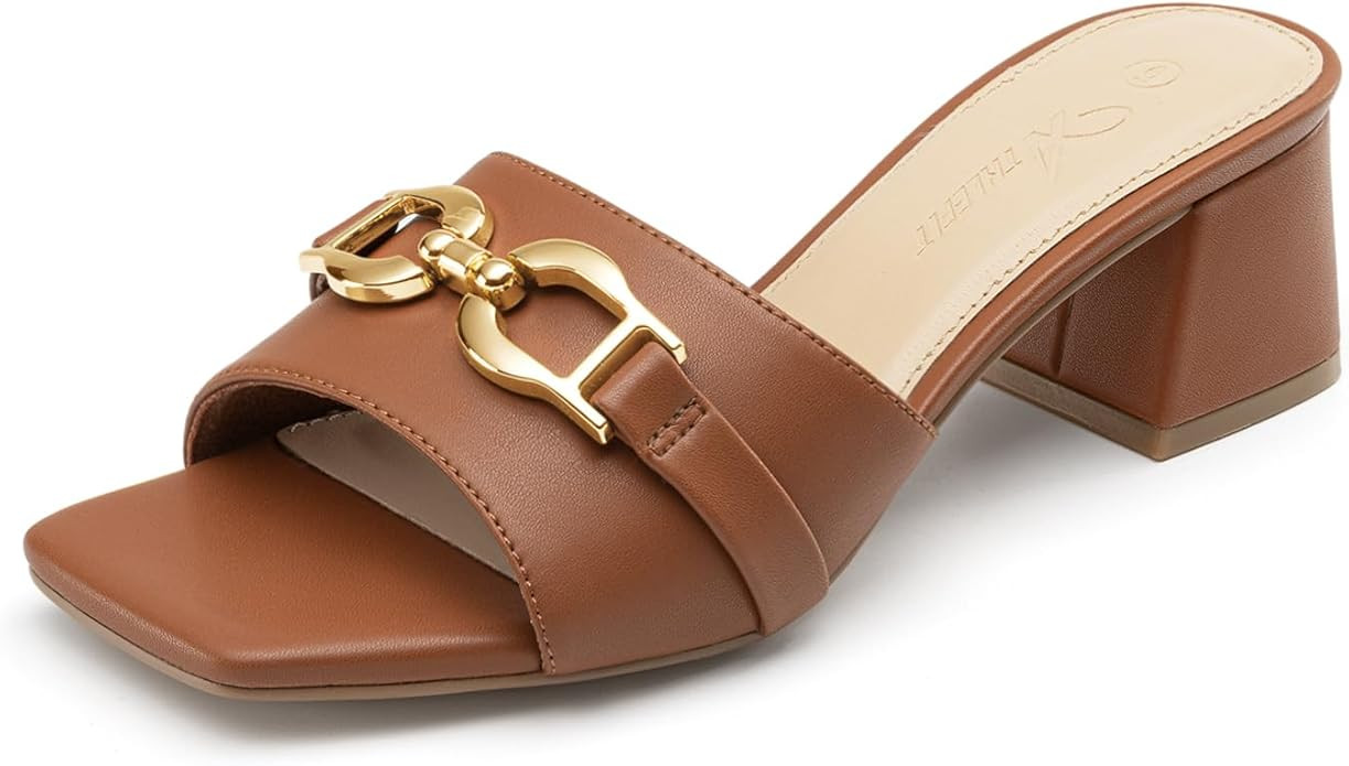 Athlefit Women's Raffia Heeled Sandals Square Open Toe Slip On Mules Chunky Block Heels with Meta... | Amazon (US)