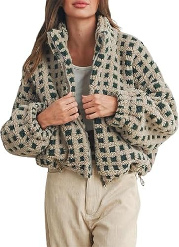 Yoawdats Womens Cute Sherpa Fleece Jacket Fuzzy Zip Up Checkered Cropped Going Out Jacket Teddy Fluffy Casual Outerwear (Green, S) | Amazon (US)