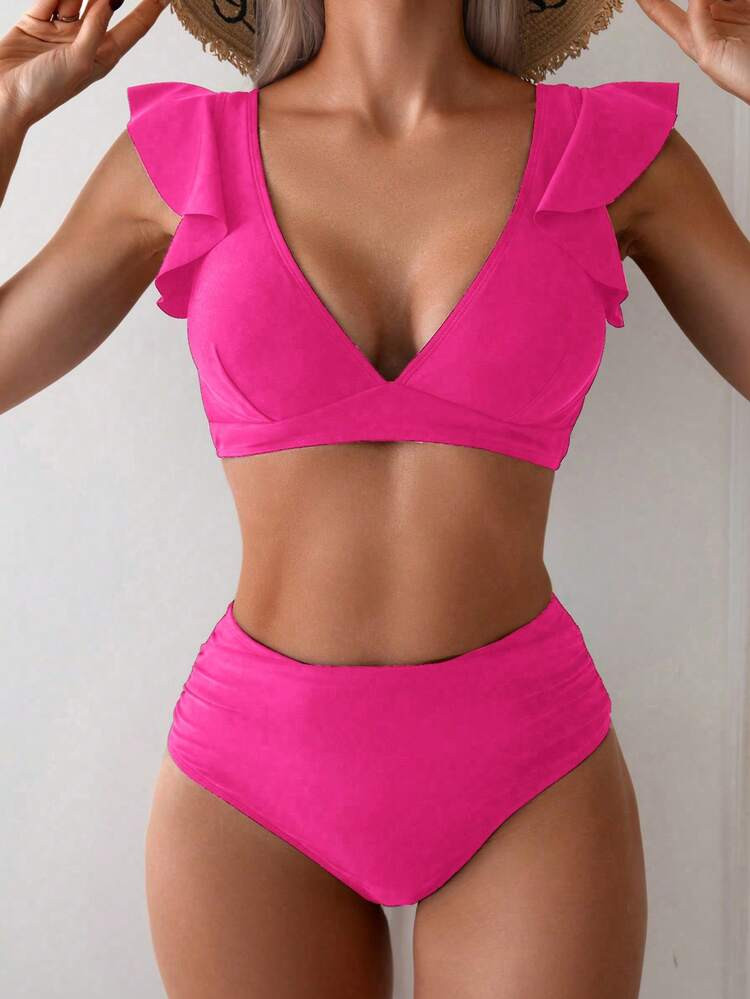 Swim Basics 2025 Women's Summer Vacation Red V-Neck Ruffle Slimming Bikini Swimwear Set | SHEIN