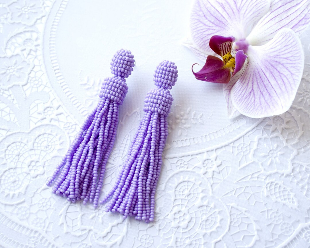 Purple Earrings Mat Tassel Seed Beaded Earrings Oscar De La Renta Stud Earrings Pale Lilac Fringe... | Etsy (US)
