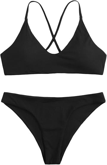 SweatyRocks Women's Bathing Suits Spaghetti Strap Criss Cross Back Bikini Ribbed Swimsuit | Amazon (US)