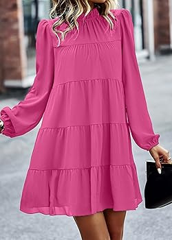 KIRUNDO Long Sleeve Baby Doll Dresses Women 2026 Casual Spring Summer Ruffle Mock Neck Tiered Min... | Amazon (US)