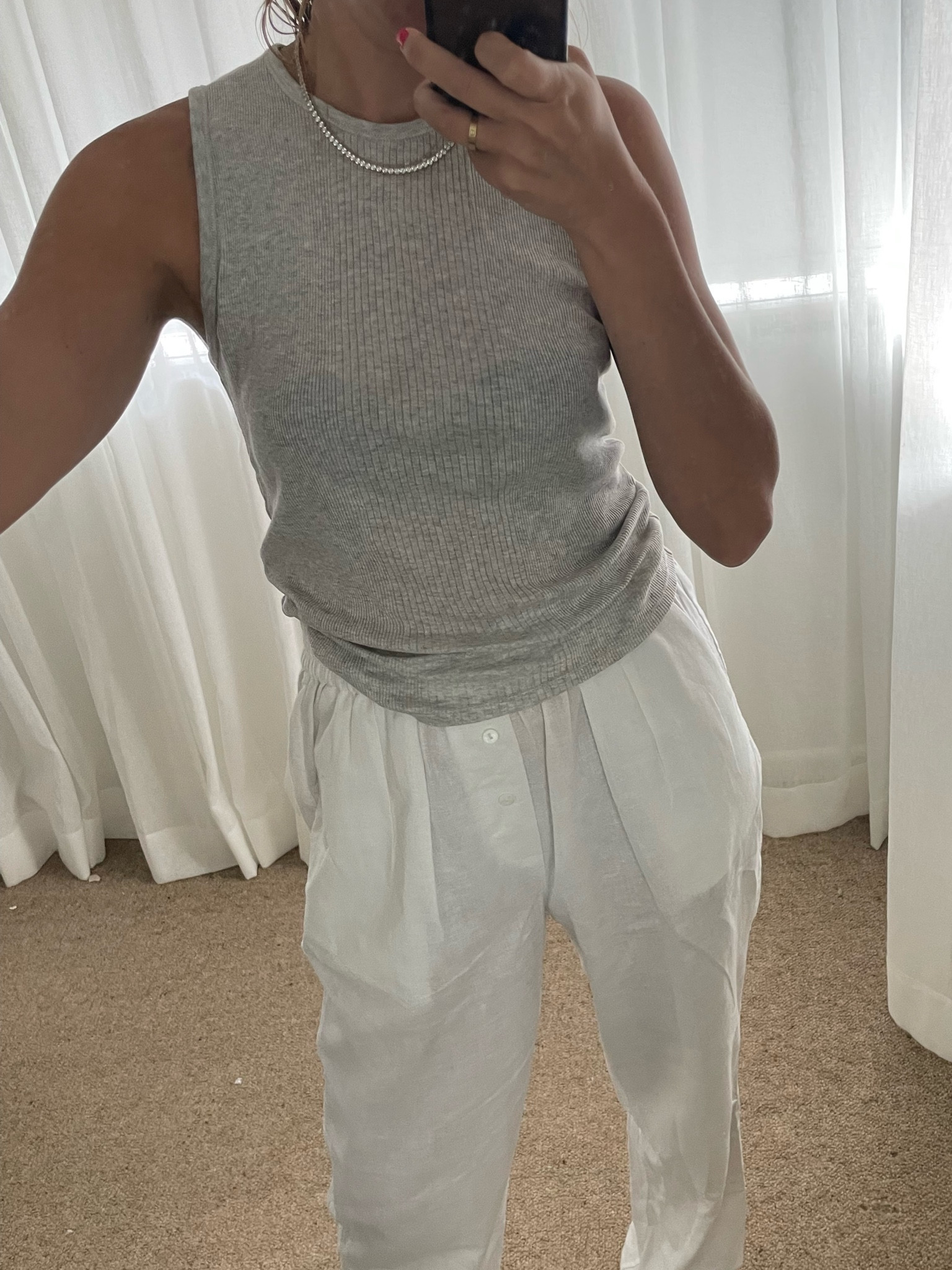 Grey singlet, white linen pants and a tennis necklace - a not-so boring daily fit  

#LTKaustralia #LTKSeasonal #LTKstyletip