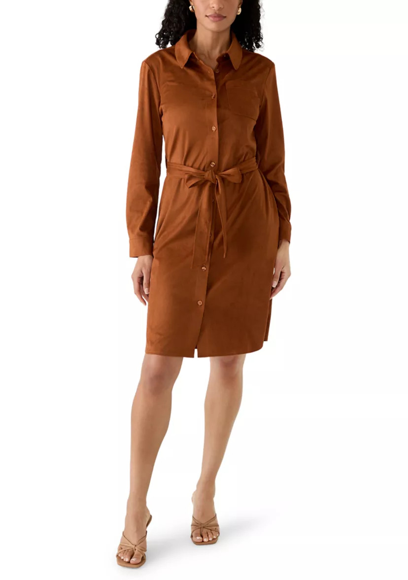 Women's Long Sleeve Belted Button Front Vegan Suede Shirt Dress | Belk