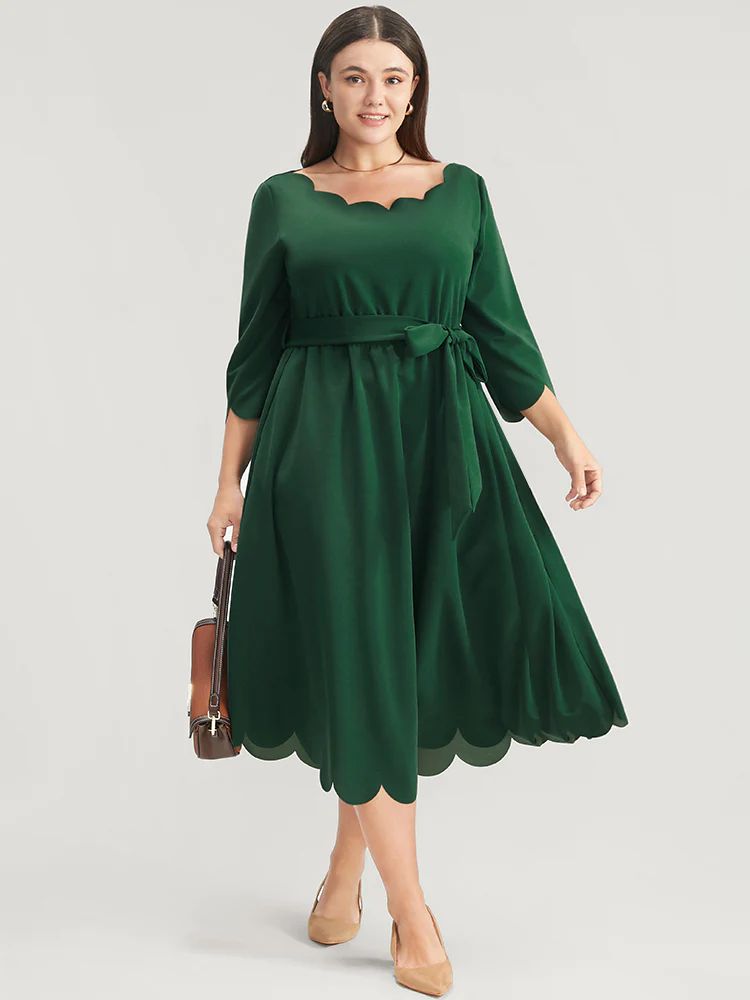 Solid Pocket Scalloped Trim Belted Midi Dress | Bloomchic