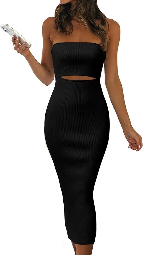 PRETTYGARDEN Women's Summer Midi Bodycon Dress Strapless Cut Out Knit Tube Long Fitted Dresses | Amazon (US)